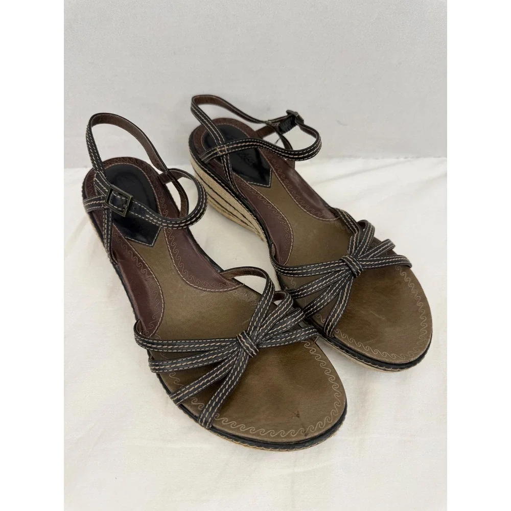 Clarks Artisan Brown Leather Strappy Espadrille Wedge Sandals Heel 3in‎